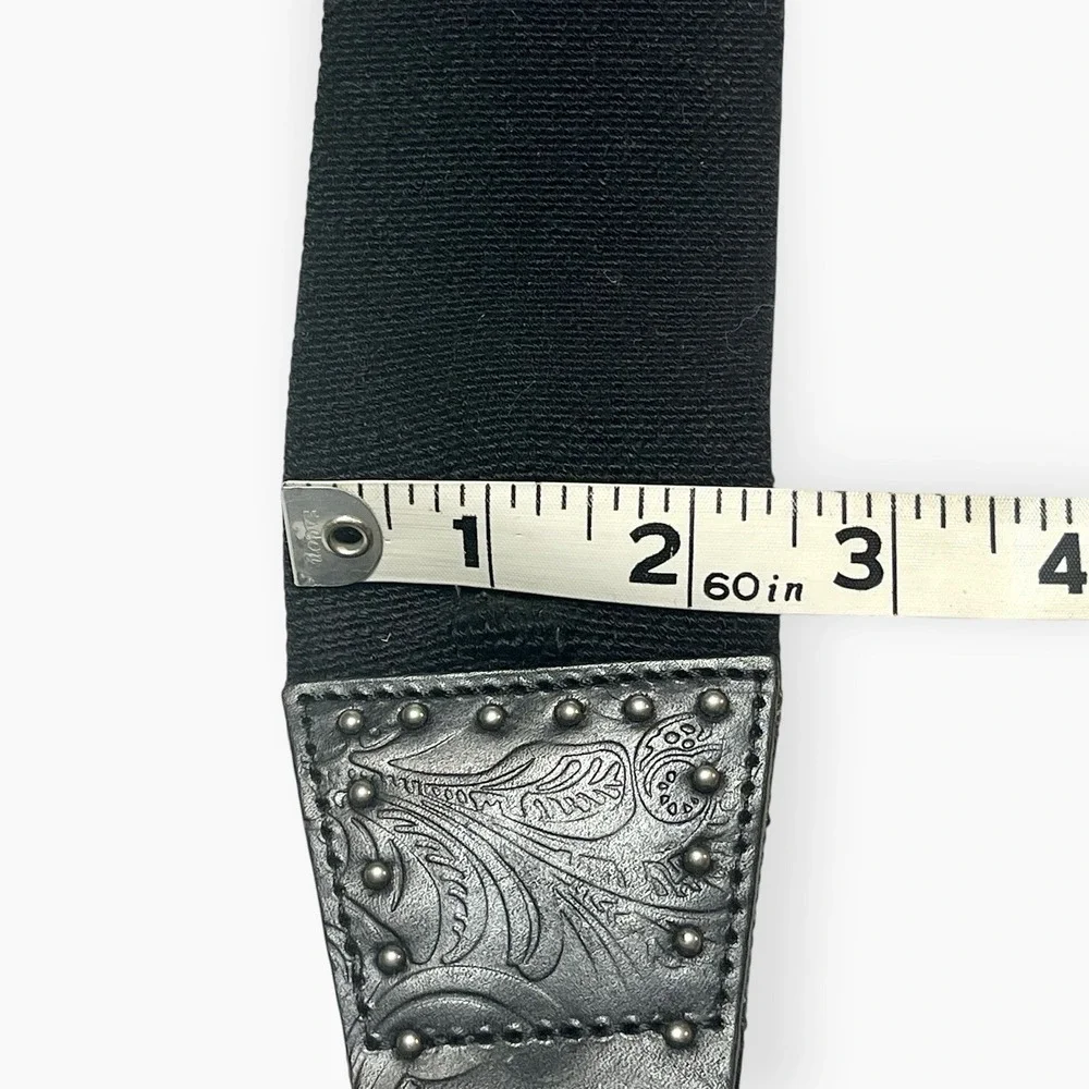 Chico's Silver Black Stretch Belt Leather Linen  Circle Buckle M / L Western